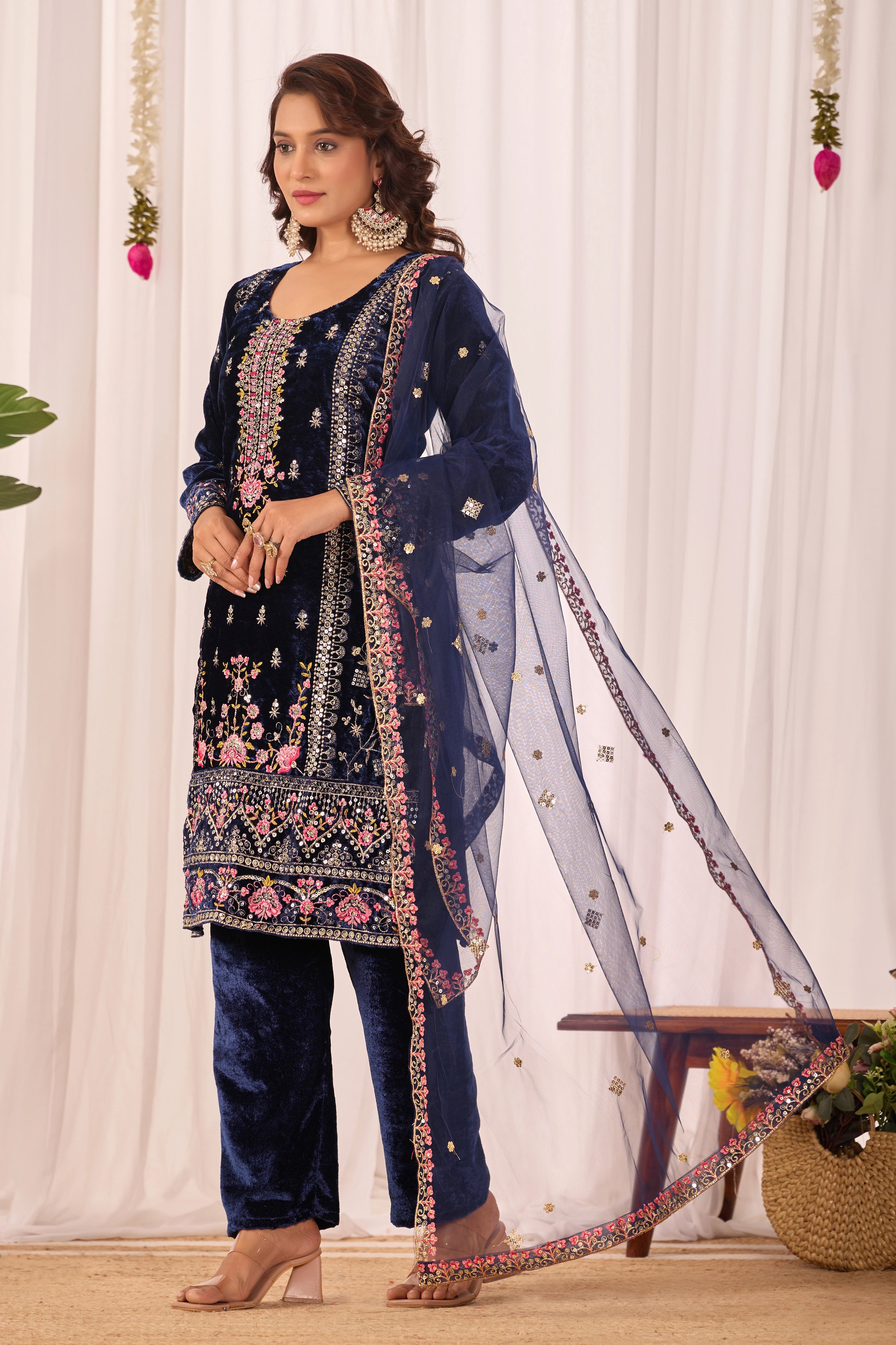 Navy Blue Sequins Embroidery Work Viscos Velvet Suit – Kalyanja